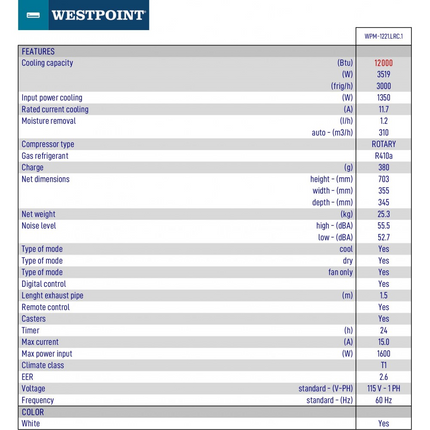 AC Portable 12000 BTU 110V Westpoint