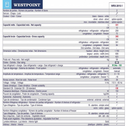 12 Cuft/ 331L 2 Doors Manuel Defrost Refrigerator White Westpoint