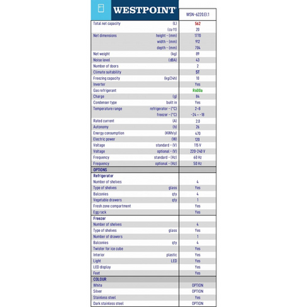 20 Cuft/ 562L No-Frost Side by Side Stainless 2 Doors Refrigerator Westpoint